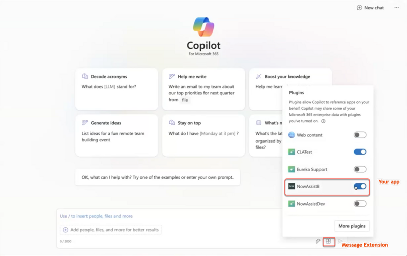 Now Assist 앱에 대해 활성화된 메시지 확장을 표시하는 대화입니다 Microsoft Copilot .