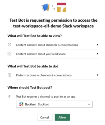 Slack 작업 공간에서 테스트 봇 설치를 허용하거나 취소하기 위한 대화 상자 창입니다.
