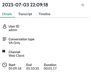 가상 에이전트 분석 대시보드 대화 상세 정보 탭.