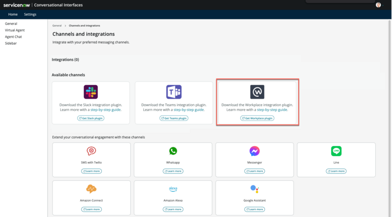 Conversational Integration with Workplace 앱이 설치되기 전의 채널 및 통합 페이지입니다 ServiceNow Store.