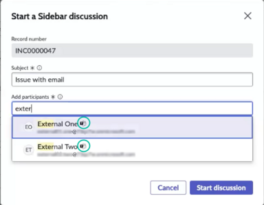 두 개의 검색 결과 옆에 아이콘이 강조 표시되어 Microsoft Teams 사이드바 토론 창을 시작합니다.