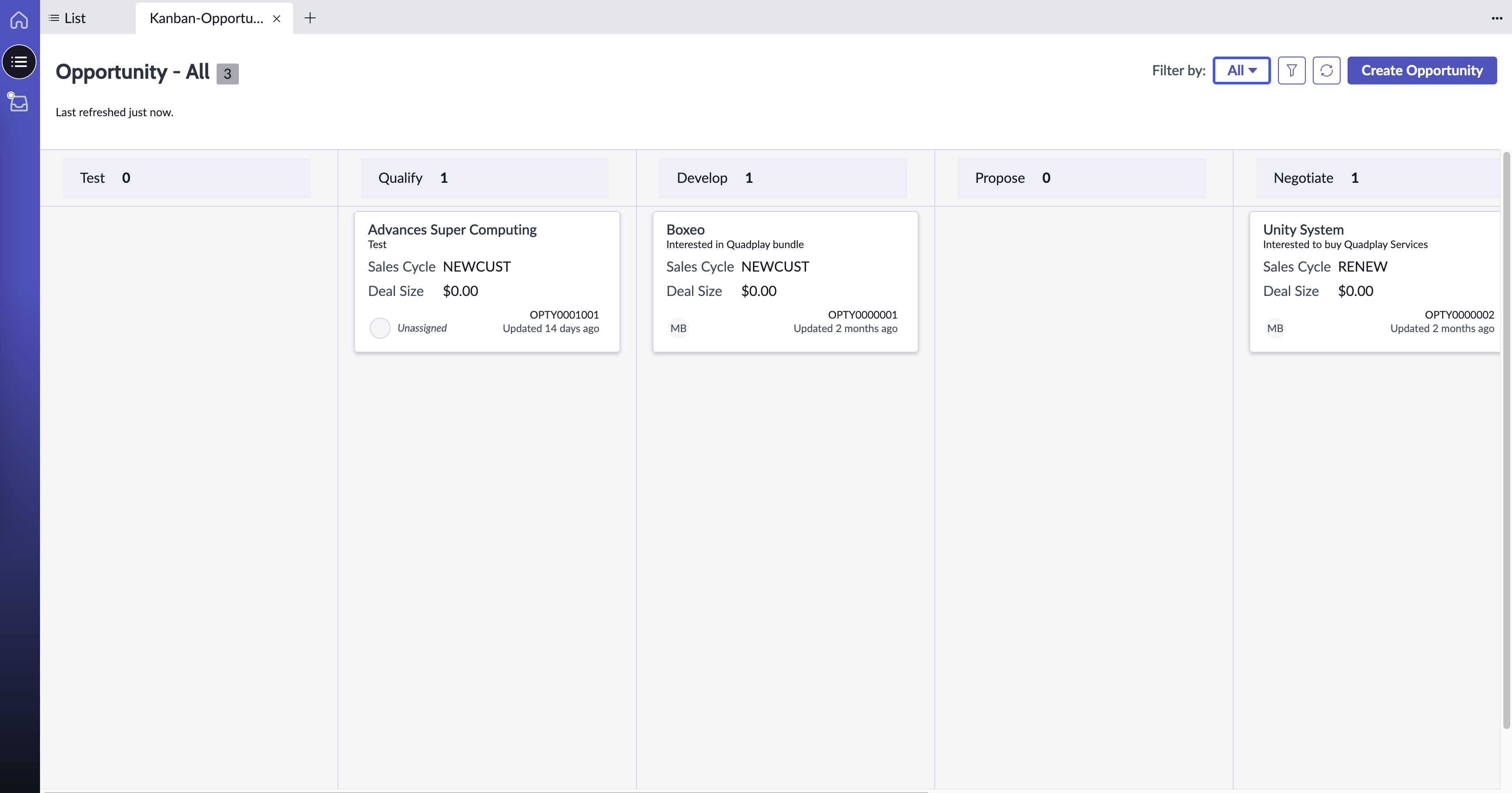 A imagem mostra a exibição Kanban no Gestão de oportunidades