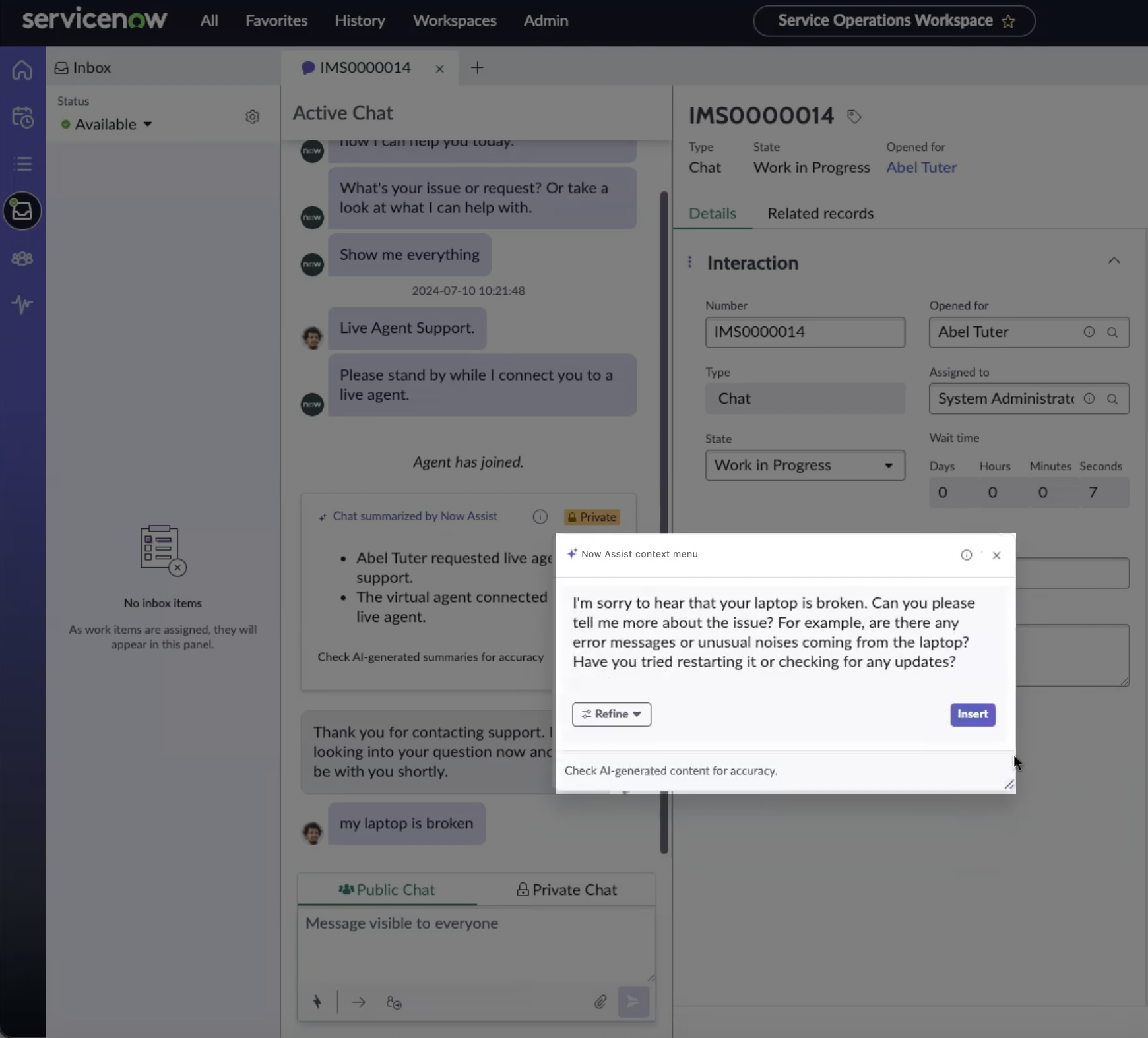 Chatantwortempfehlung mithilfe von „Mit Now Assist schreiben“.