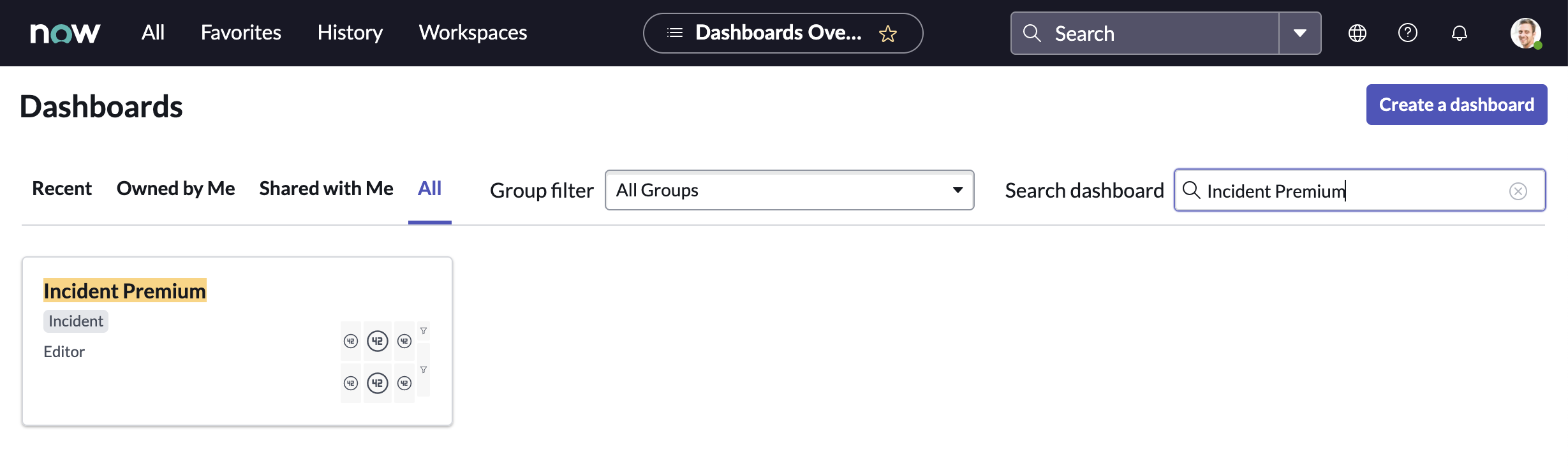 Incident Premium-Dashboard-Suche in Dashboards