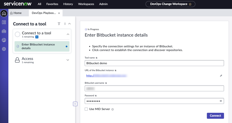Stellen Sie eine Verbindung mit dem Bildschirm „Bitbucket-Tool&nbsp;– Instanzdetails eingeben“ her