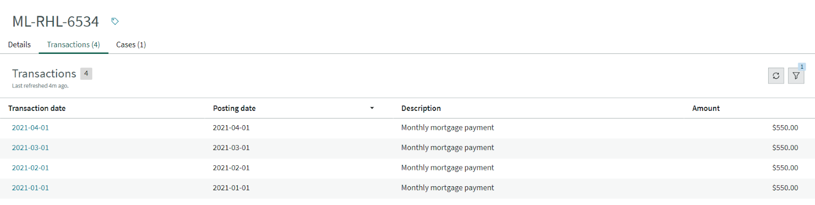 Formulário de caso de FSO que mostra os detalhes da transação recebidos do aplicativo bancário remoto.