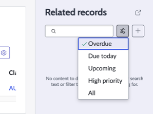 Painel de tarefas pendentes de registros relacionados mostrando a lista de filtros de registro