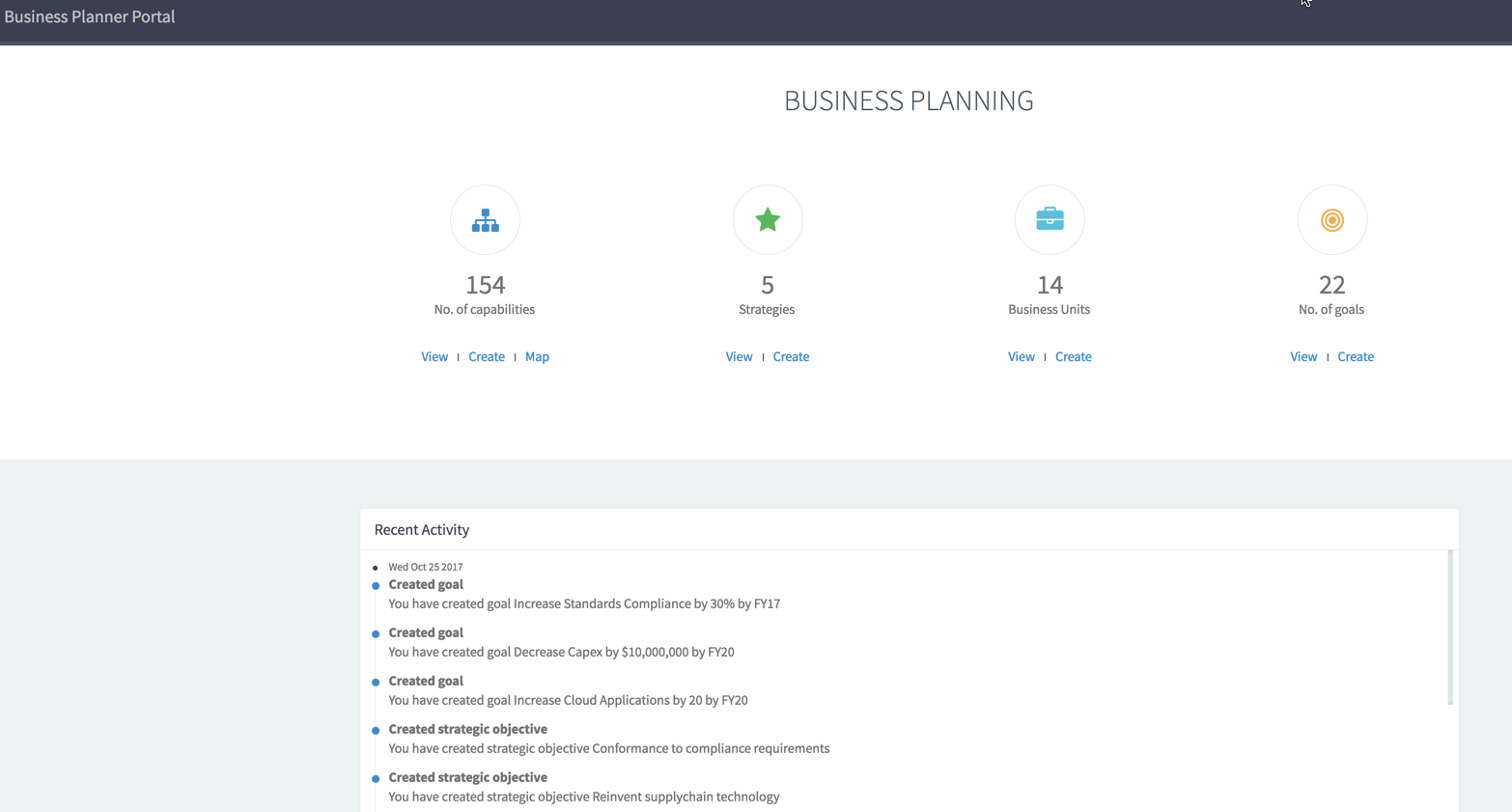 Business planning home page for a business planner