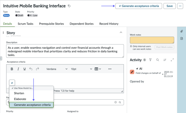Options to generate acceptance criteria for an EAP story.