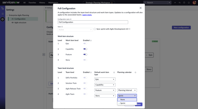 Planning calendar changes for a Full configuration in EAP workspace.