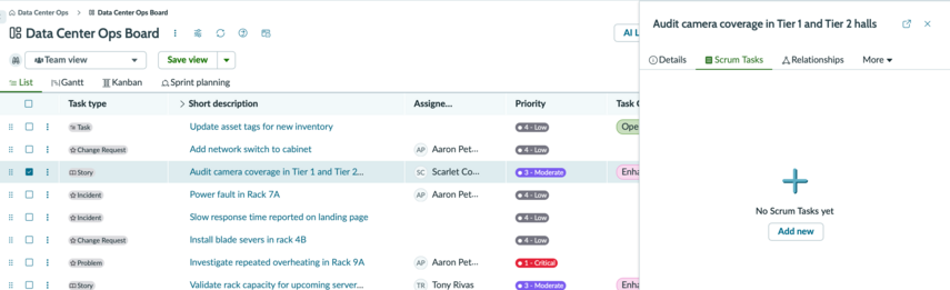 The Scrum tasks tab on a story form showing the option to add a scrum task from the side panel.