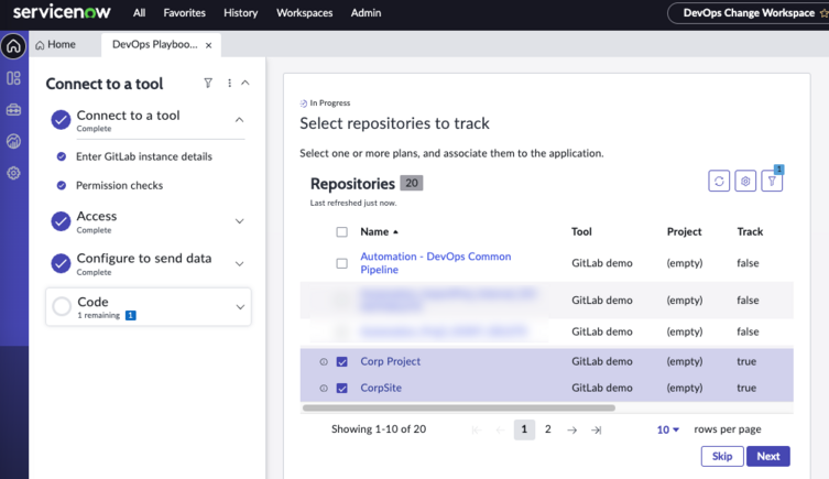 GitLab ツールに接続 - [追跡するリポジトリを選択] 画面