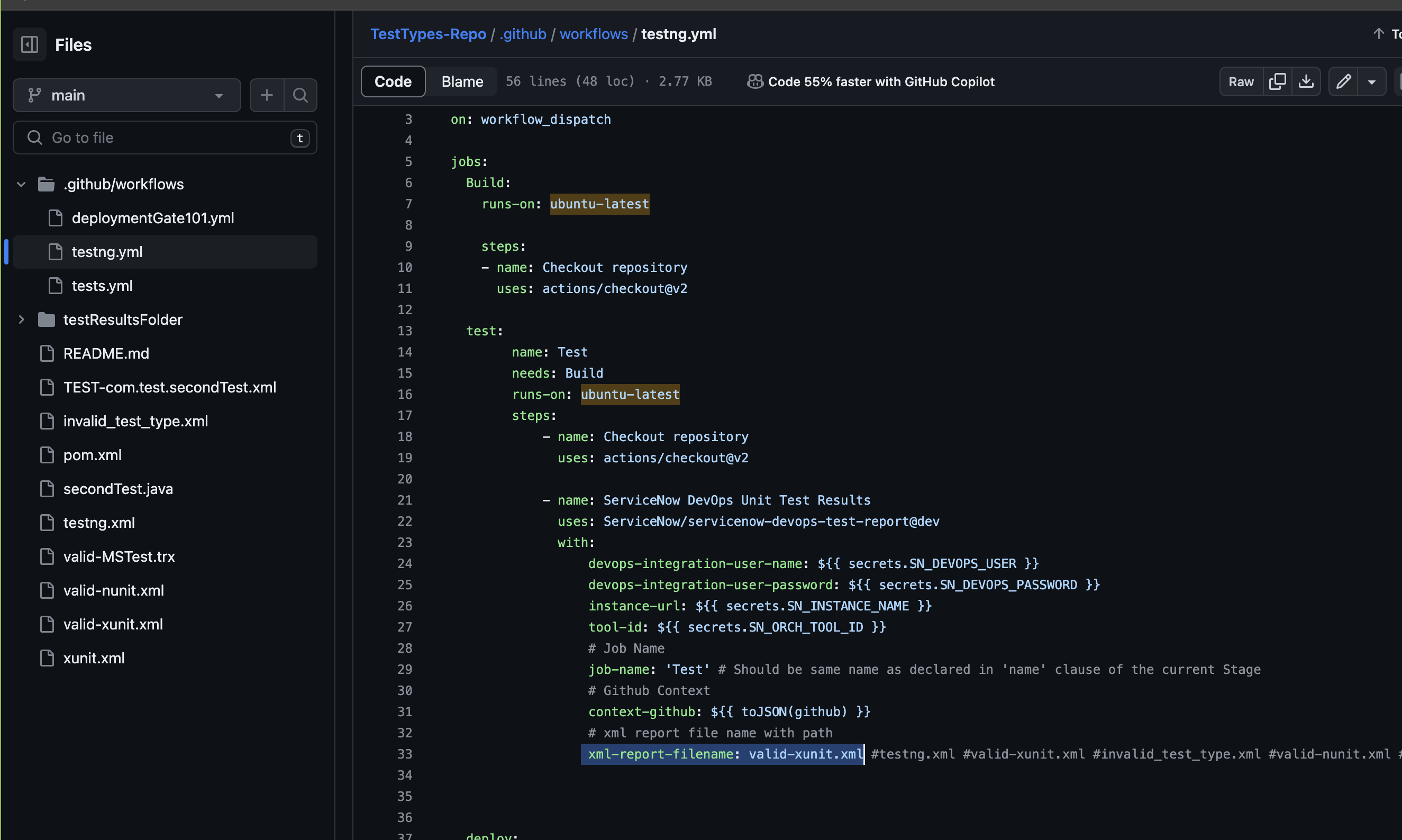 GitHub 単体テストの yaml ファイルの例