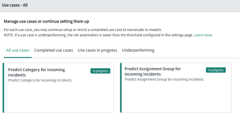 Tous les cas d’utilisation de Predictive Intelligence Workbench.