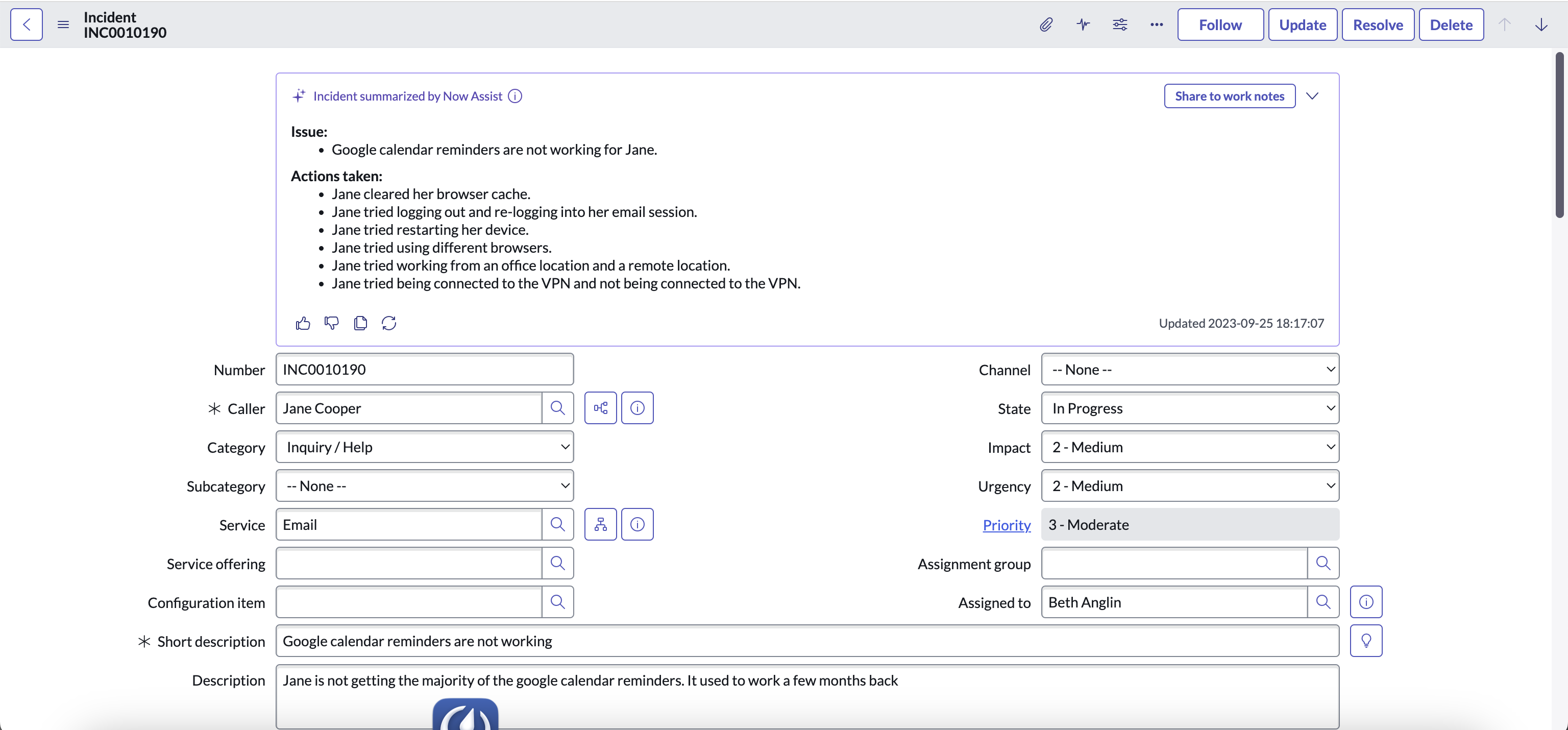 Résumé de l’incident dans l’interface utilisateur principale qui spécifie le problème et les actions effectuées.