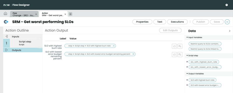 Sortie pour l’action SRM – Get worst performing SLOs. (SRM – Obtenir les SLO les moins performants)