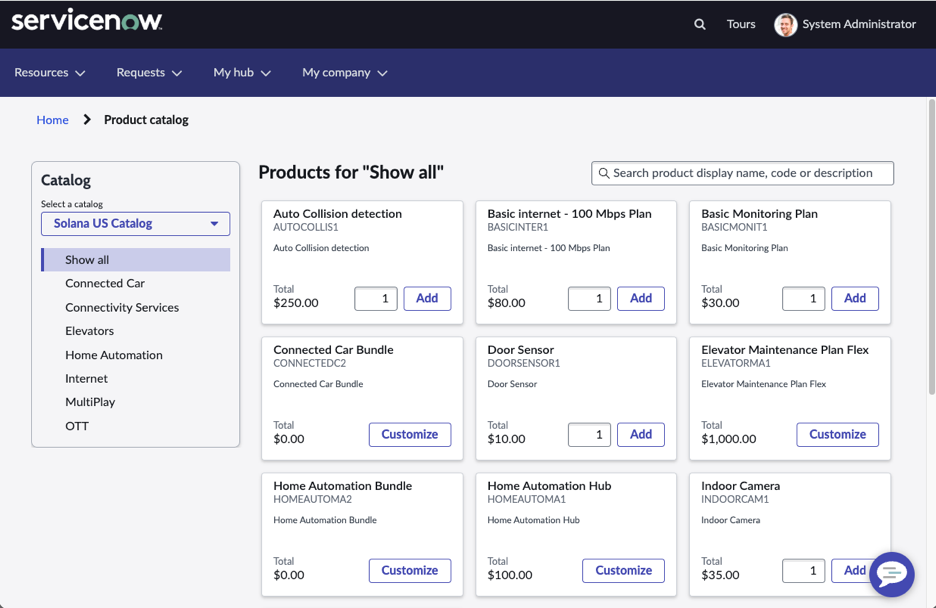 L’image montre le catalogue dans le portail d’entreprise que les clients utilisent pour parcourir et configurer les produits.