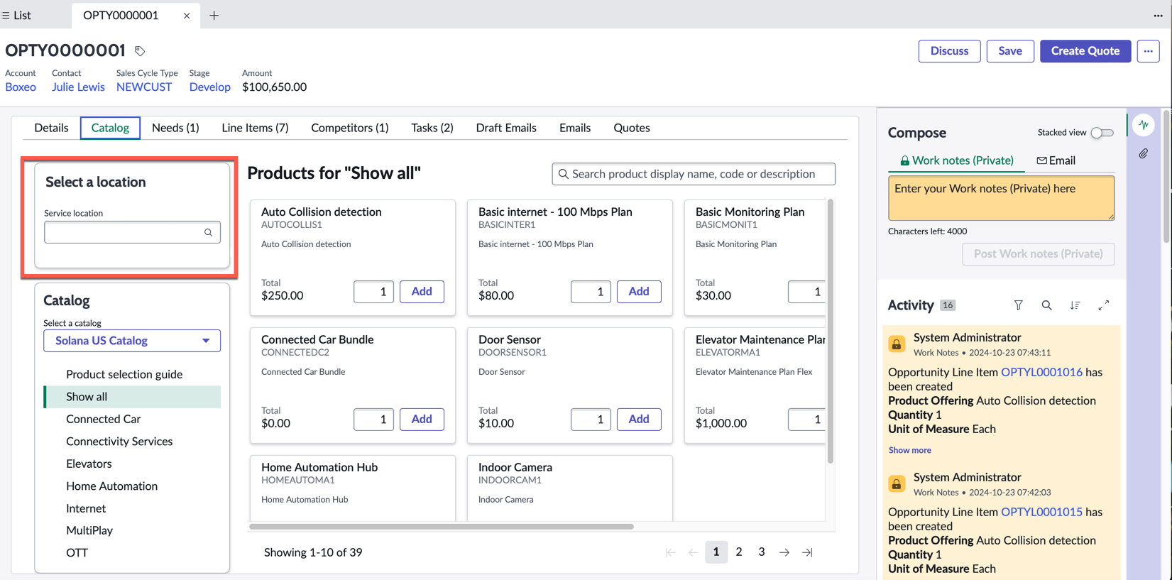 Interface utilisateur du catalogue de produits avec filtre d’emplacement pour l’ajout d’une offre de produit à une opportunité par emplacement de service.