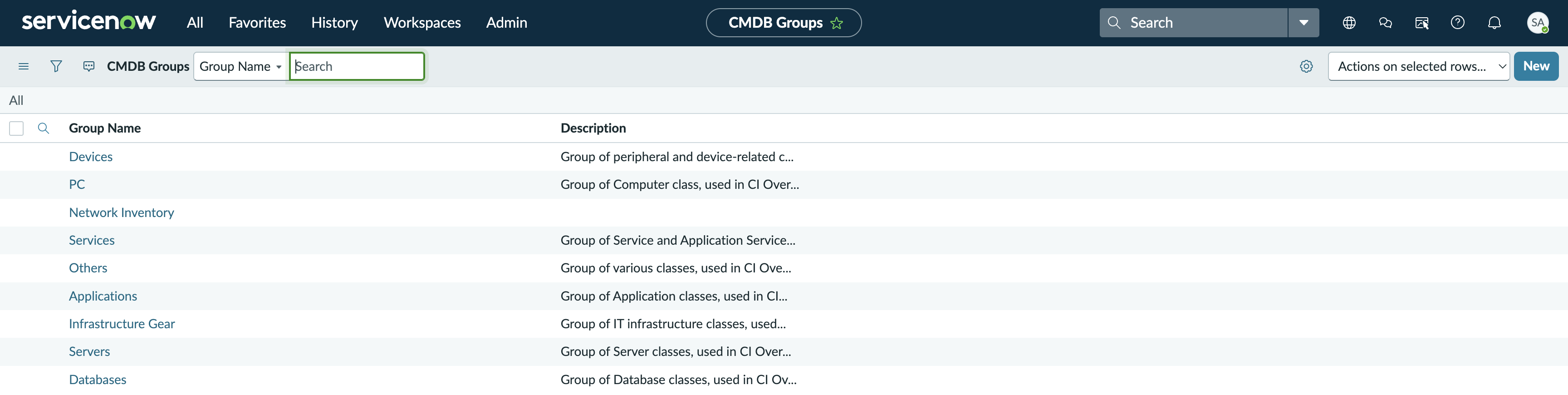 CMDB groups view for the Network Inventory Workspace with the list of standard CMDB groups.