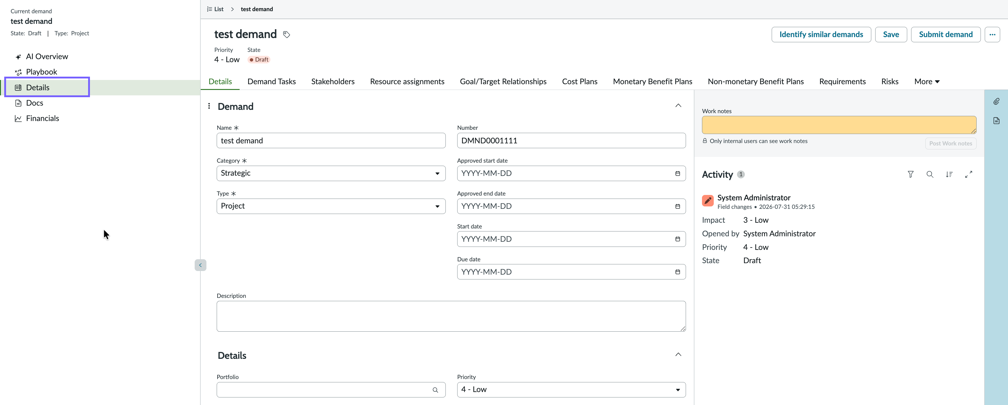 Demand opens in the Details page.