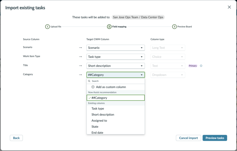 Field mapping step showing AI column mapping recommendation.