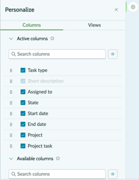 Personalize panel with Project and Project task in the Active columns list.