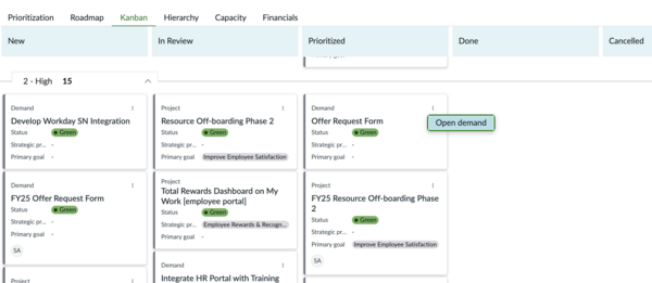 Actions menu with the Open demand option.