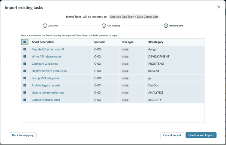 Preview board step showing tasks to be imported.
