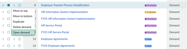 Row context menu with the Open demand option.