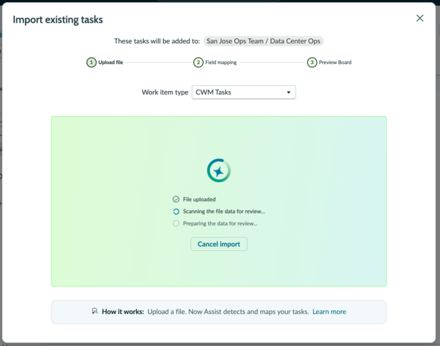 Upload file step with AI scanning the uploaded file.