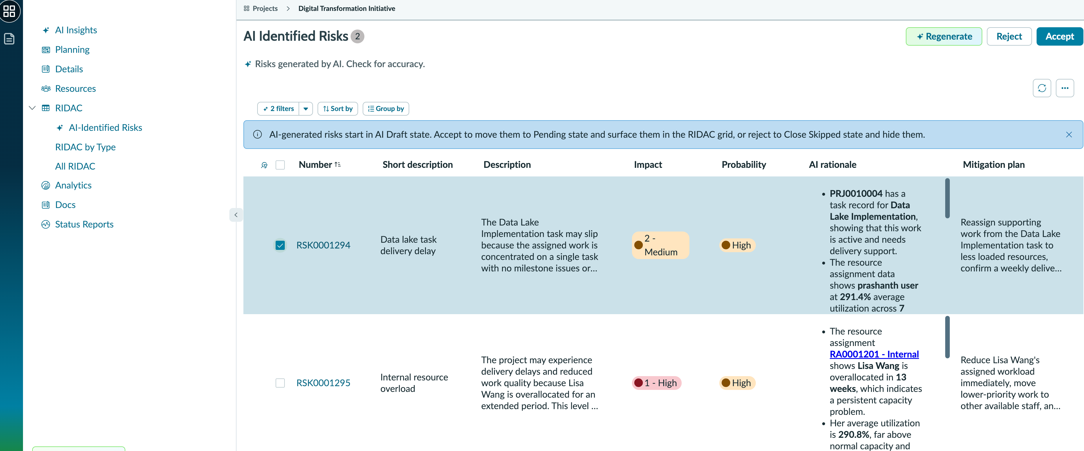 AI-generated risks for a project.