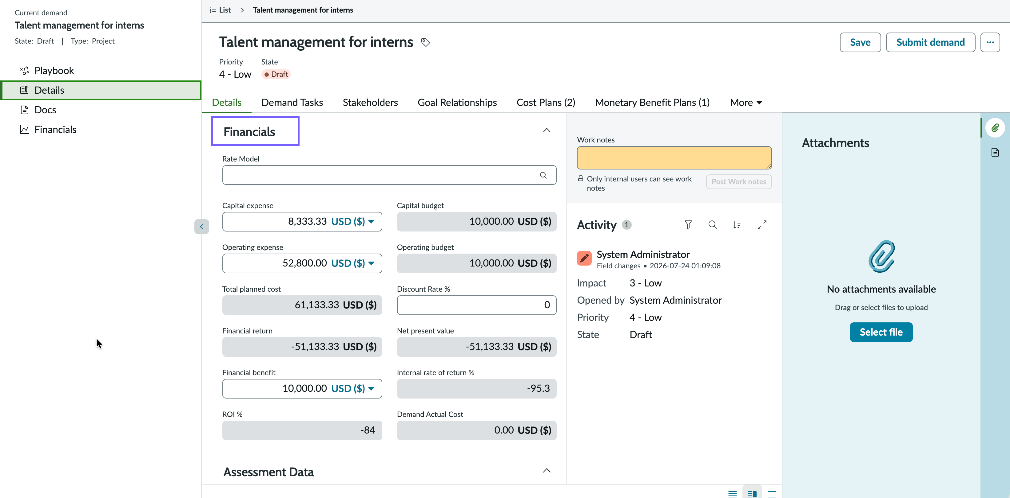 Simple financials in the Details page of a demand.