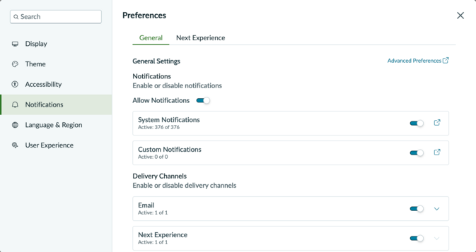 System notifications settings in notifications preferences.