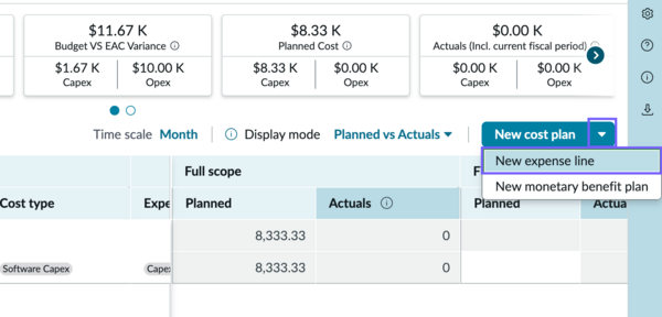 The new expense line option under More actions.