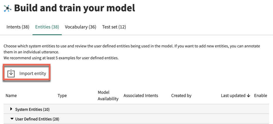 Na guia Entidades da fase Criar e treinar seu modelo, o botão Importar entidade é realçado.