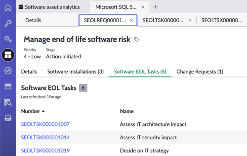 [ソフトウェア EOL タスク] タブのリストビューにあるソフトウェア EOL タスク。