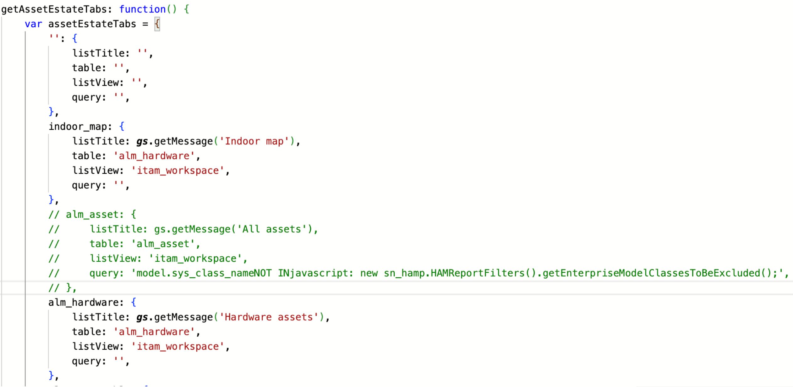 [すべての資産] タブに関連する詳細を含む JSON セクションをコメントアウトします。