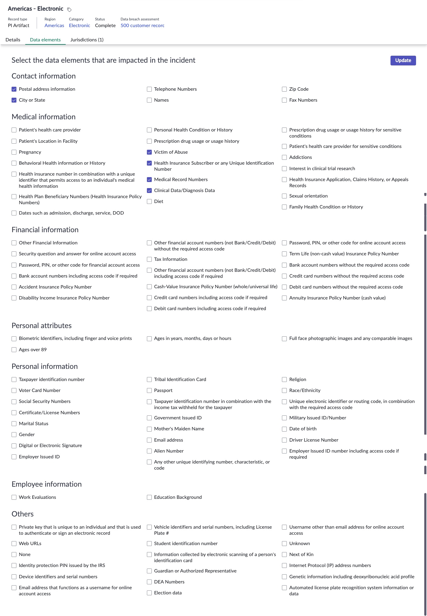 A picture of the items on the data elements form such as personal, medical, and financial information.