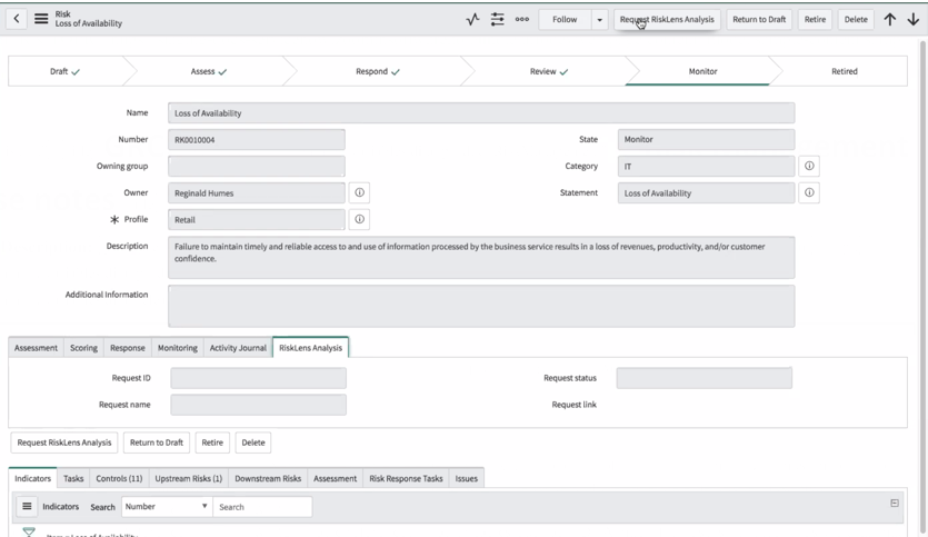 risk record shows the RiskLens Analysis tab with empty fields and the Request RiskLens Analysis Request button is visible.
