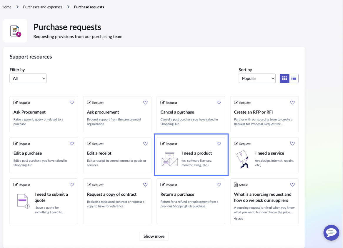Purchase requests page from where you can raise a request for products that are not listed on Shopping Hub.