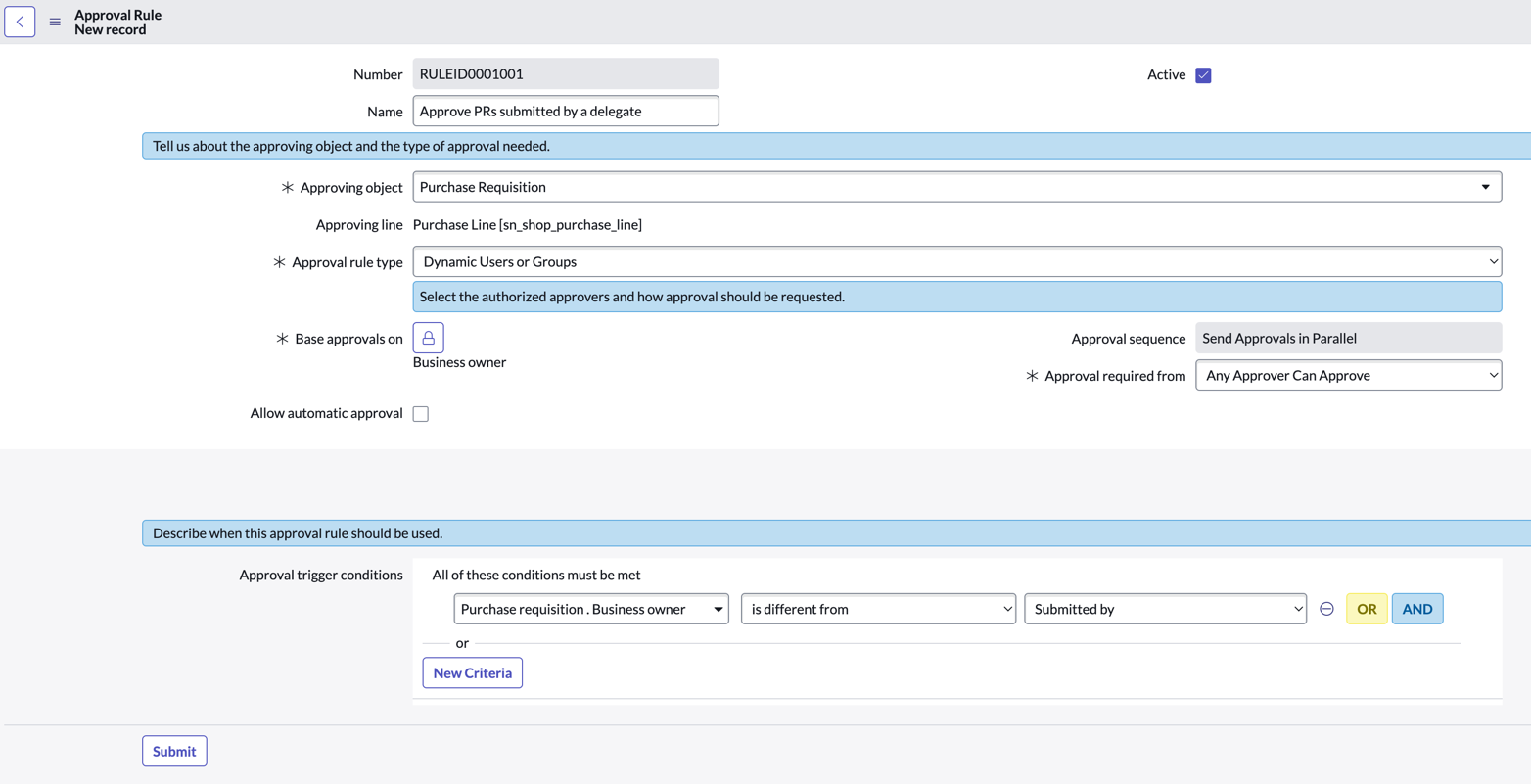Approval Rule form for creating a approval rule for a delegate.