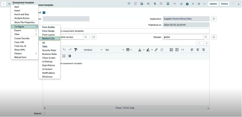 Opening related lists for the assessment template