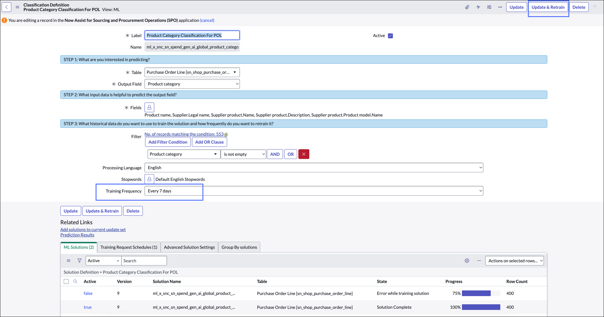 Product Category Classification solution definition interface with Update & Retrain button highlighted.