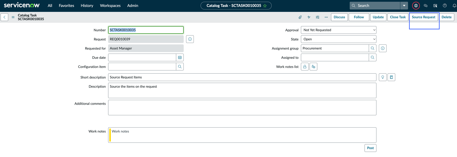 Source Request option on the Catalog tasks page.
