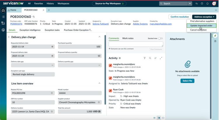 Update an impacted purchase order to address the exception