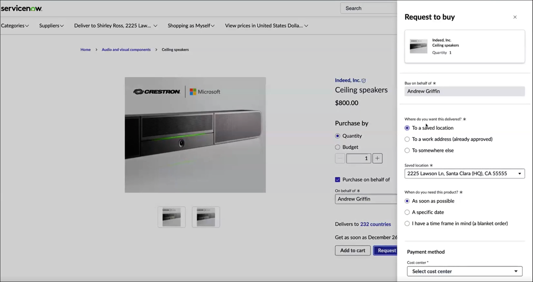 Request to buy dialog showing purchase details for Andrew Griffin with delivery and cost center options.