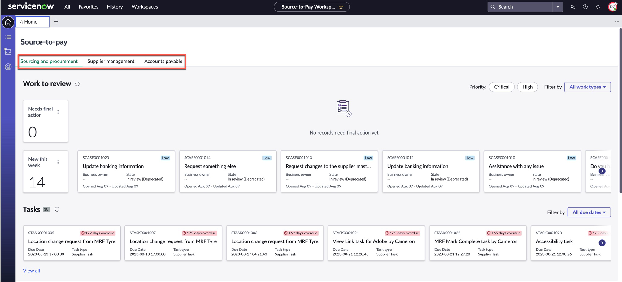 Source-to-Pay Workspace product-specific tabs