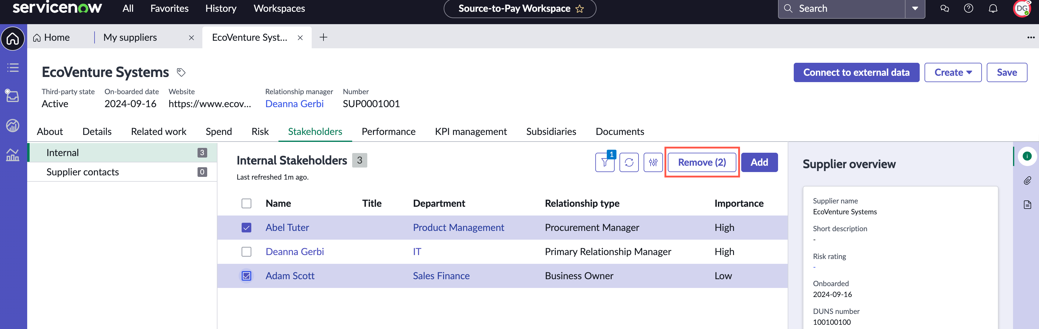 Selected button to remove internal stakeholder.