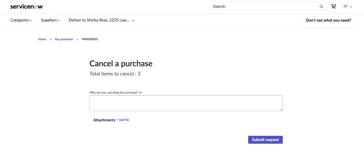Specifying a reason for canceling this purchase.