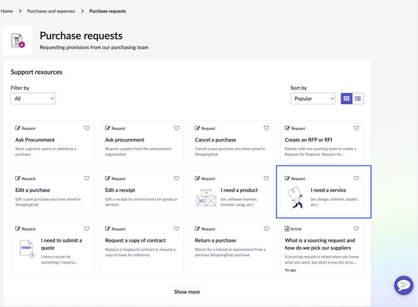 Purchase requests page from where you can raise a request for services that are not listed on Shopping Hub.